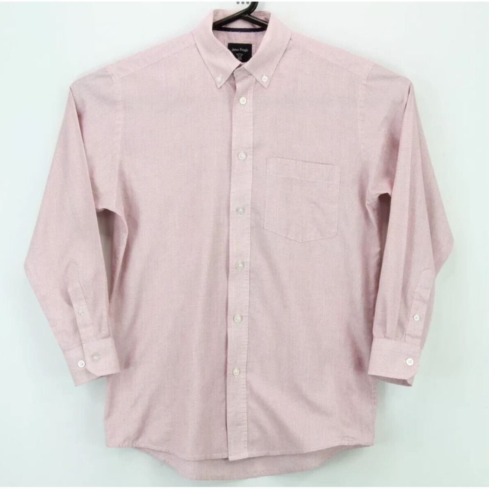 James Pringle Mens Small Pink Micro Check Button Down‎ Long Sleeve Oxford Shirt